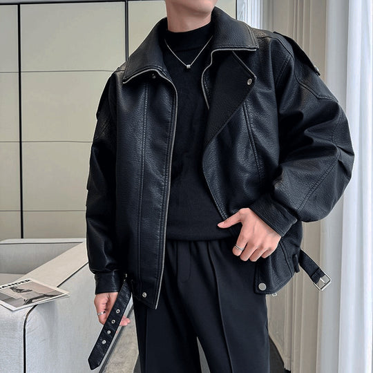 Herren Oversized Lederjacke mit weitem asymmetrischen Revers und Taillengürtel Shop Nory