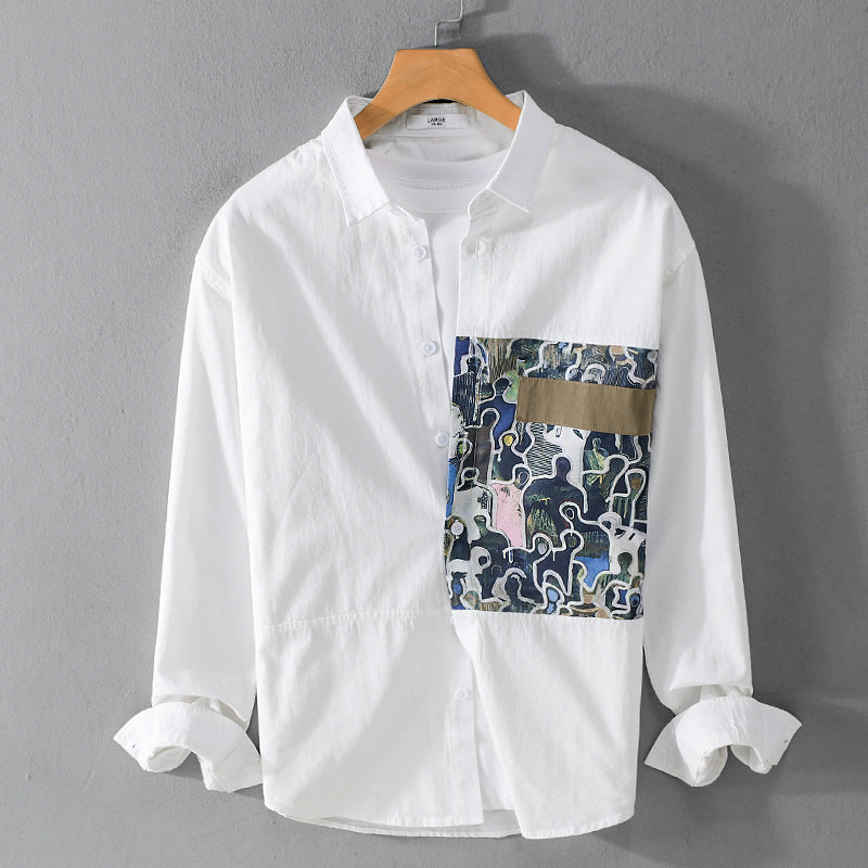 Herren Baumwollhemd mit großem Kunst-Print-Brustpatch und Kentkragen Shop Nory