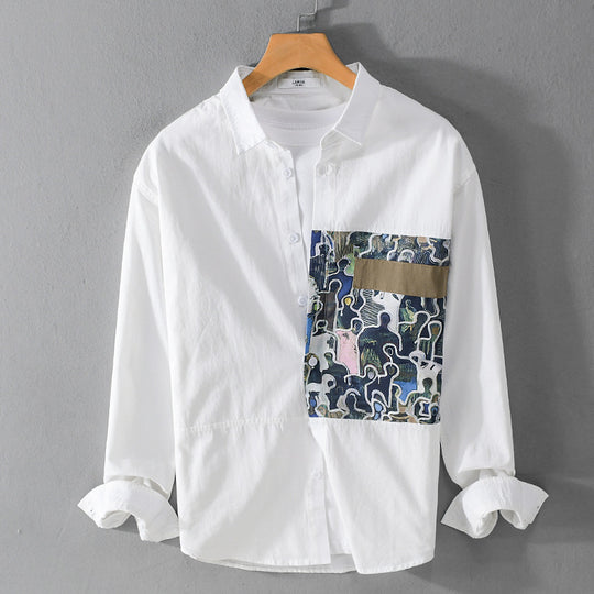 Herren Baumwollhemd mit großem Kunst-Print-Brustpatch und Kentkragen Shop Nory