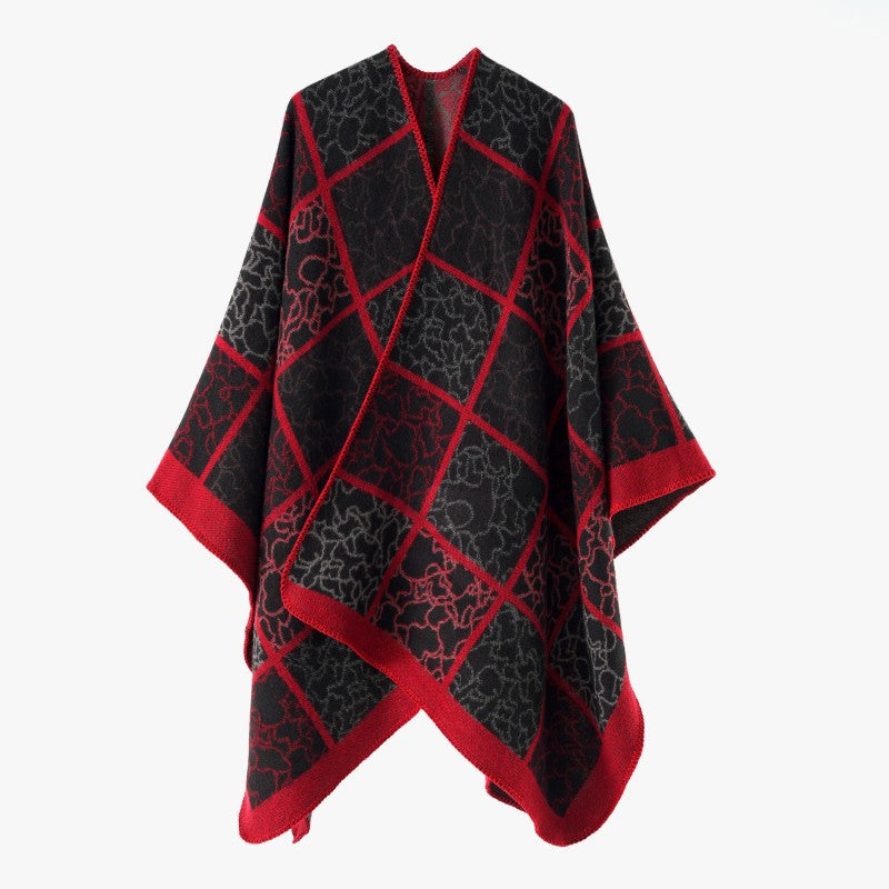 Damen Cape‑Überwurf aus Wollmix mit grafischem Karo‑Jacquard und offener Kimono‑Silhouette Shop Nory