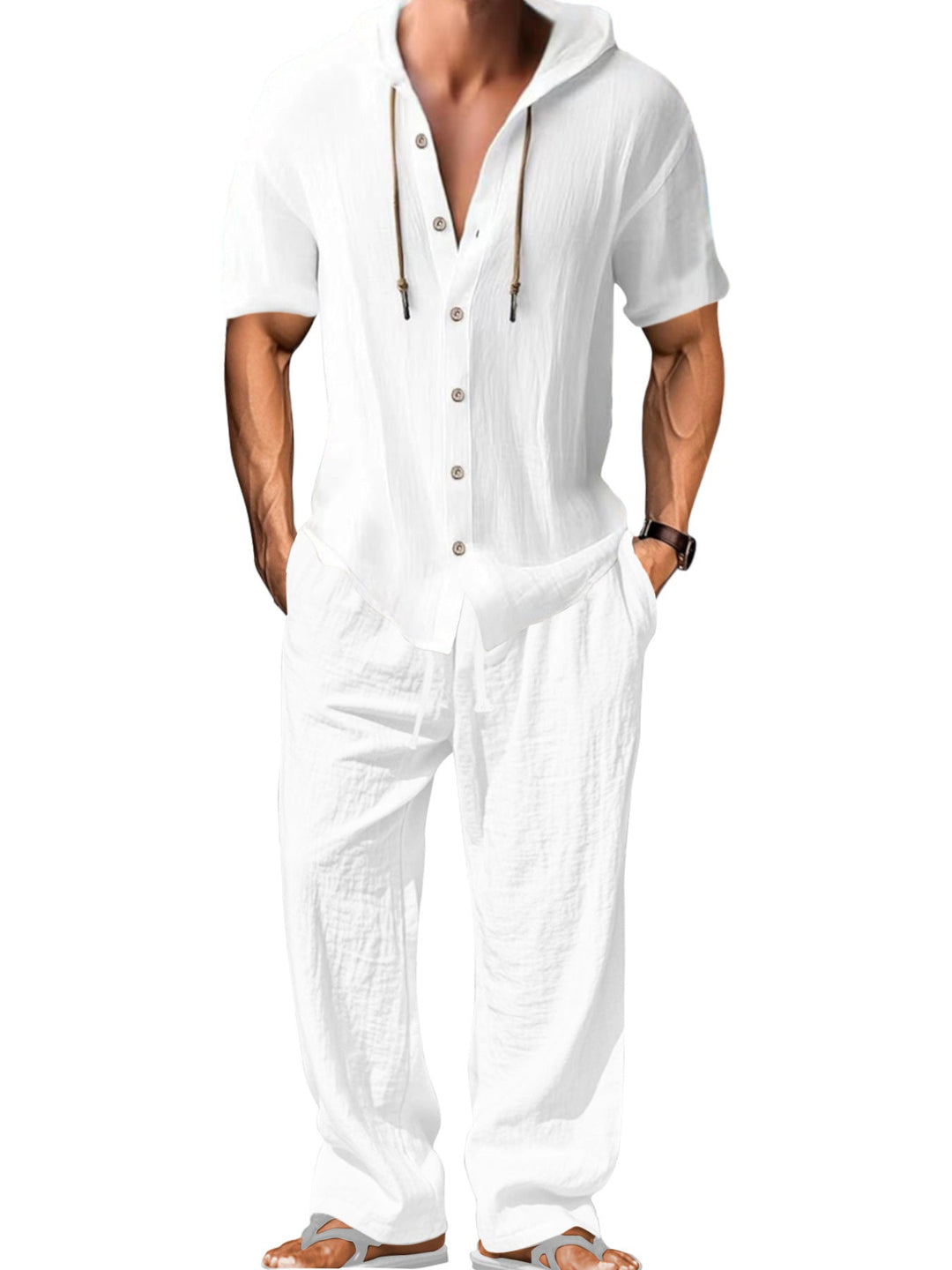 Herren nan luftiges Leinen-Lounge-Set mit kurzärmeligem Kapuzenhemd und gerader Relaxhose