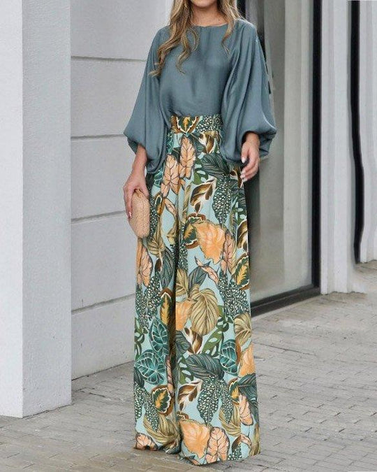 Damen Zweiteiler-Set aus Bluse mit Ballonärmeln und High-Waist Palazzo-Hose Shop Nory