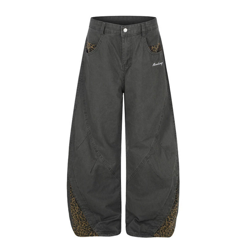 Damen Weite High‑Waist Palazzo-Jeanshose mit Leopardeinsätzen und Eingrifftaschen Shop Nory