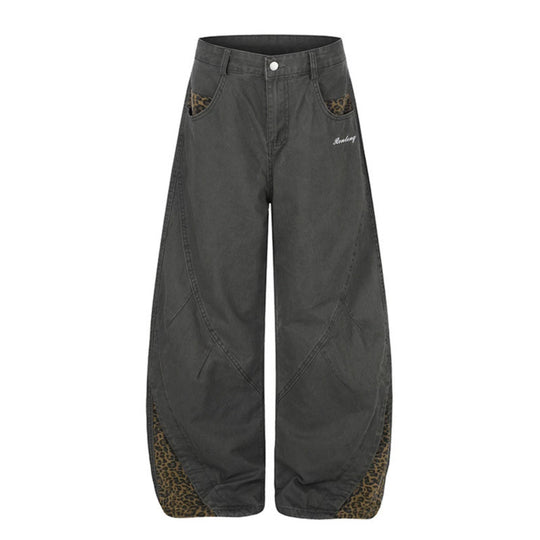 Damen Weite High‑Waist Palazzo-Jeanshose mit Leopardeinsätzen und Eingrifftaschen Shop Nory