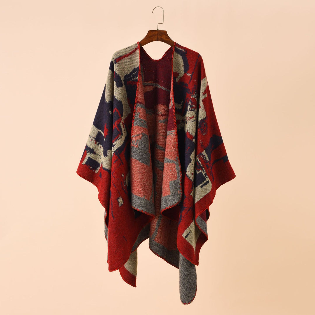 Damen Oversize-Umhangruana aus Wollmix mit abstraktem Jacquard und Zierstichkante Shop Nory