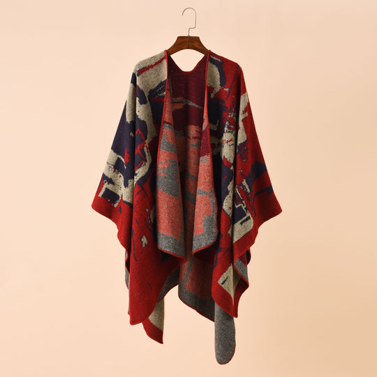 Damen Oversize-Umhangruana aus Wollmix mit abstraktem Jacquard und Zierstichkante Shop Nory