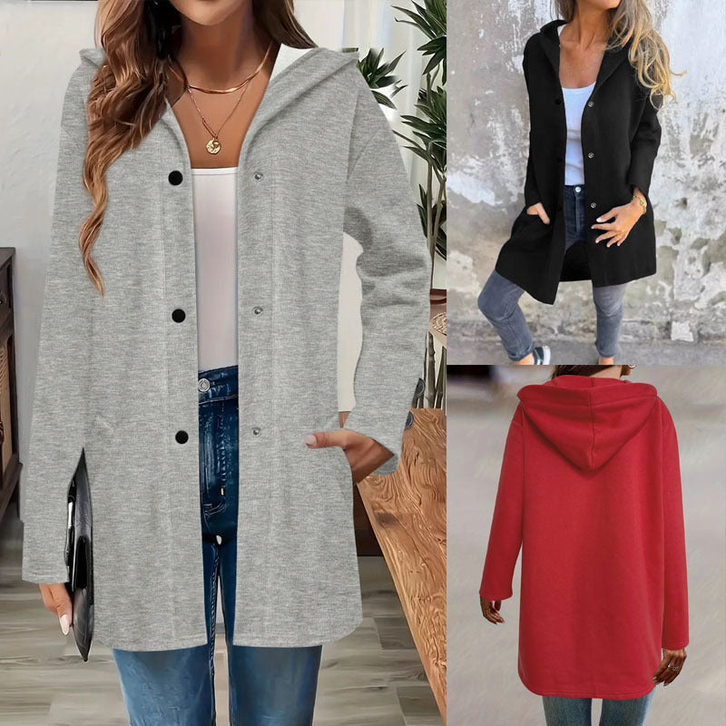 Damen Langer Kapuzenmantel aus weichem Sweat mit Druckknopfverschluss und seitlichen Eingrifftaschen Shop Nory