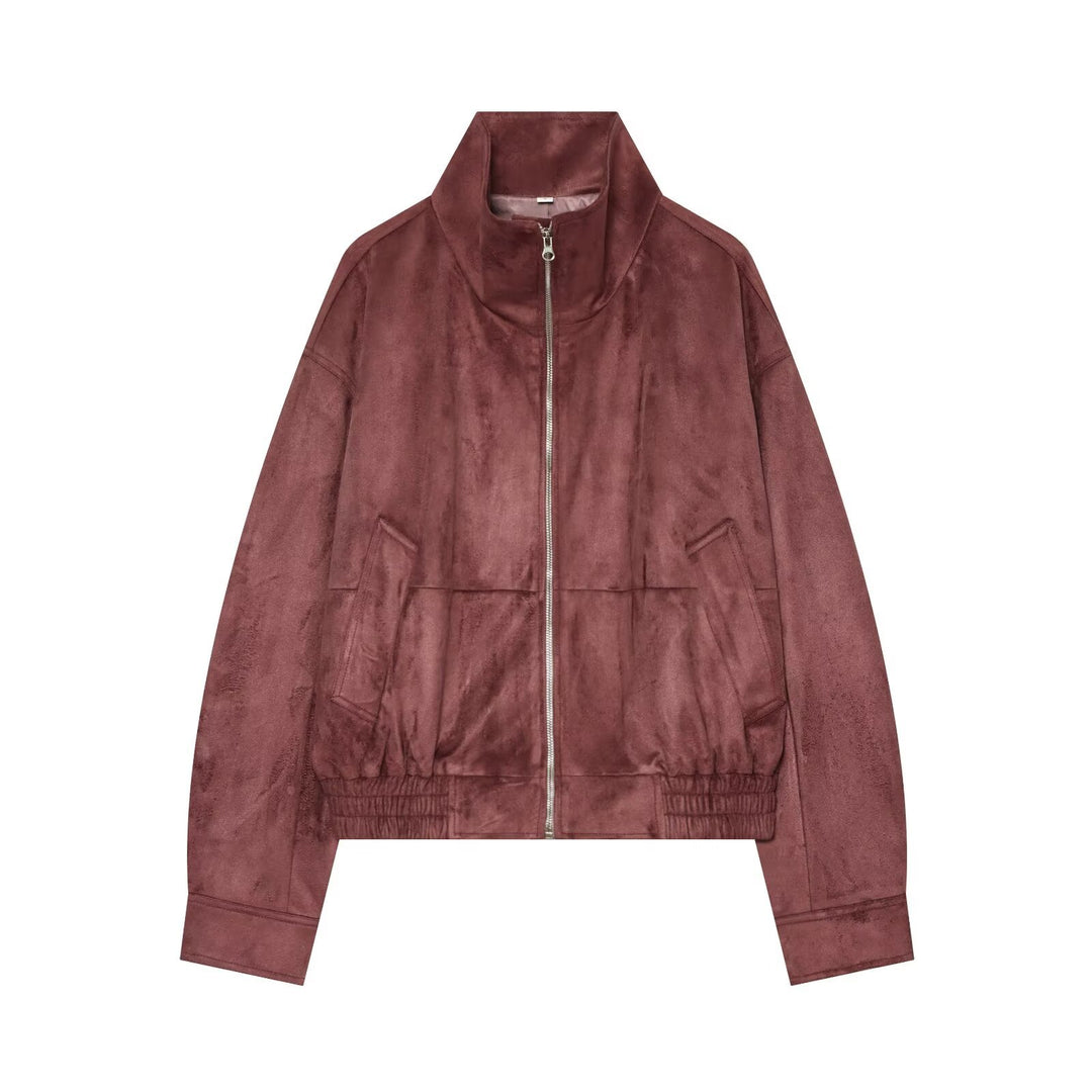 Damen Kurzjacke im Bomberstil aus Veloursleder-Optik mit hohem Stehkragen und Kängurutaschen Shop Nory