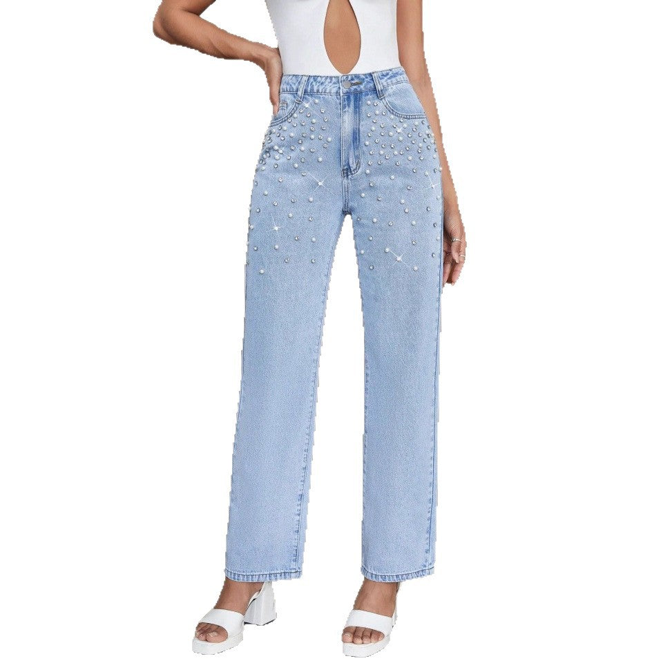 Damen Jeanshose mit Perlenapplikation, hoher Taille und geradem Bein Shop Nory