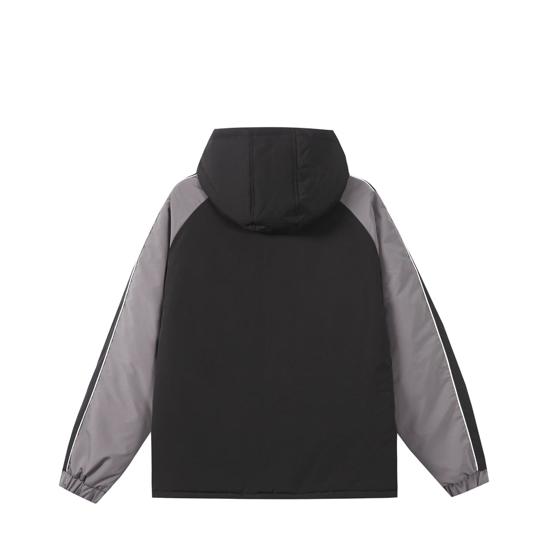 Unisex Kurz geschnittene gesteppte Kapuzenjacke mit reflektierenden Paspeln und Kordelzugsaum Shop Nory