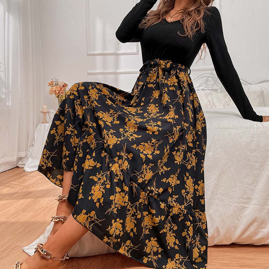Damen figurbetontes V-Neck-Longsleeve Oberteil mit voluminösem Midi-Rock im floralem Wickelstil Shop Nory