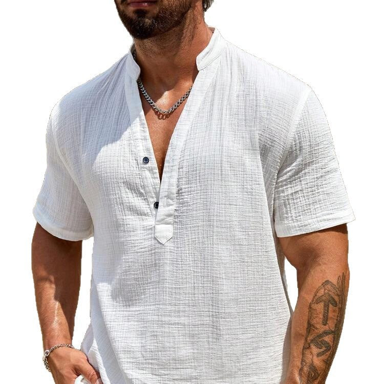 Herren Kurzarm Henley Hemd mit modernem Stehkragen aus leichtem Baumwollmaterial