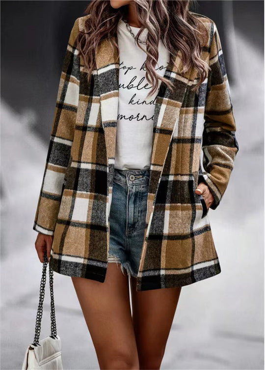 Damen Kariertes Longblazer‑Shacket ohne Kragen, offen geschnitten Shop Nory