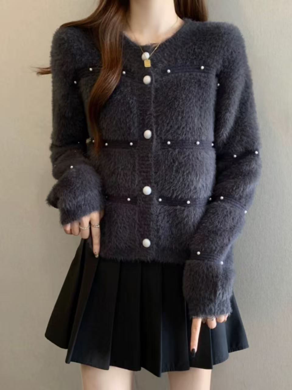 Damen Gemütlicher Strickcardigan mit Perl-Details Shop Nory