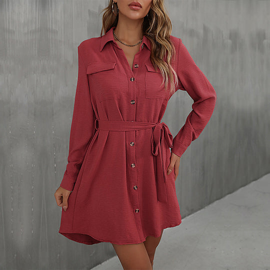 Damen Lockeres Hemdblusen-Minikleid mit Taillengürtel und aufgesetzten Brusttaschen Shop Nory