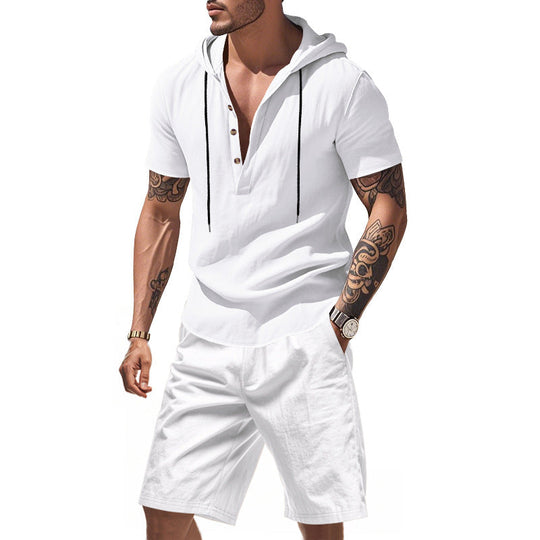 Herren lässiges Kurzarmhemd mit Kapuze und Shorts