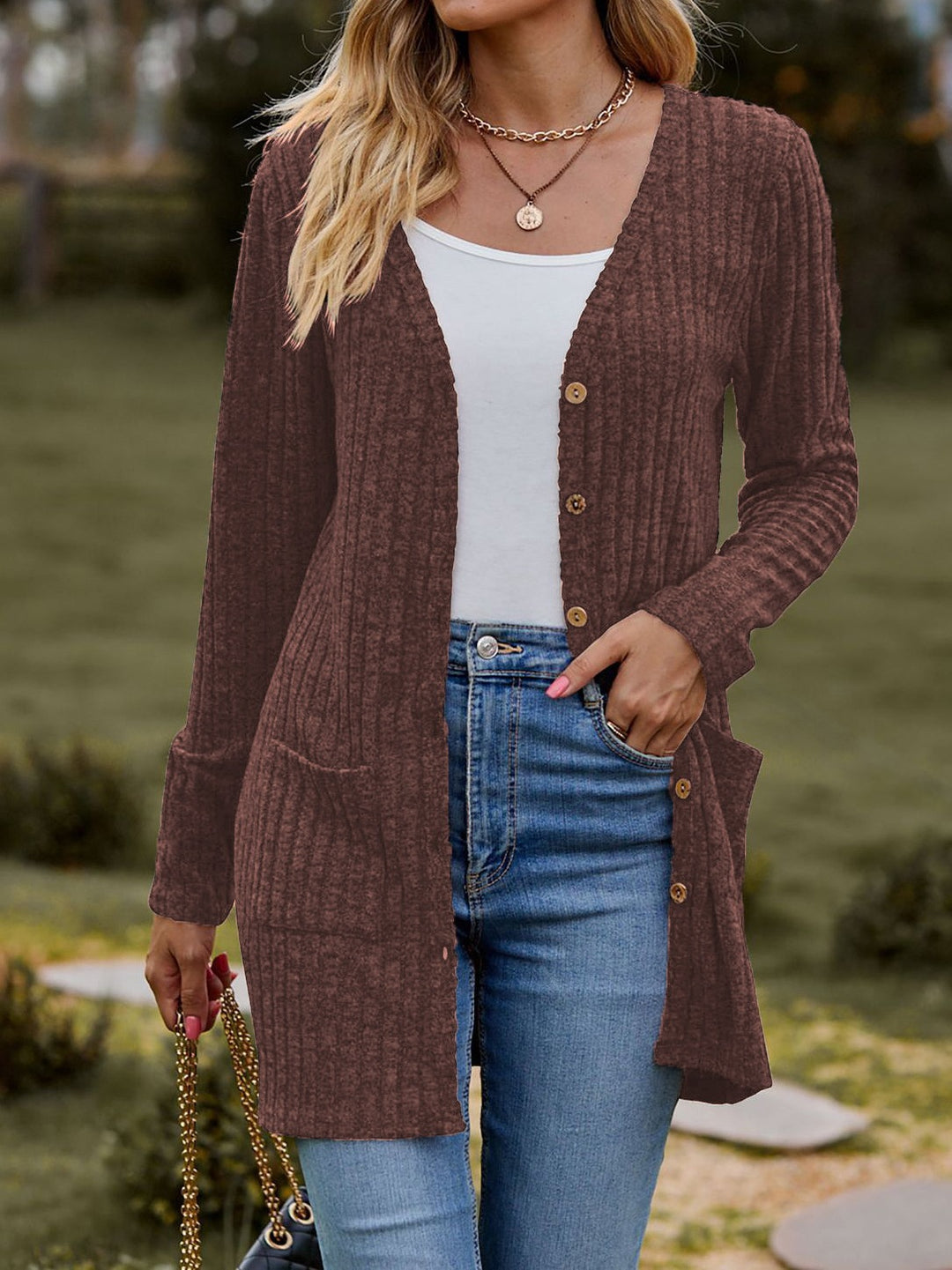 Damen nan langer gerippter Strickcardigan mit Eingrifftaschen und Holzknöpfen Shop Nory