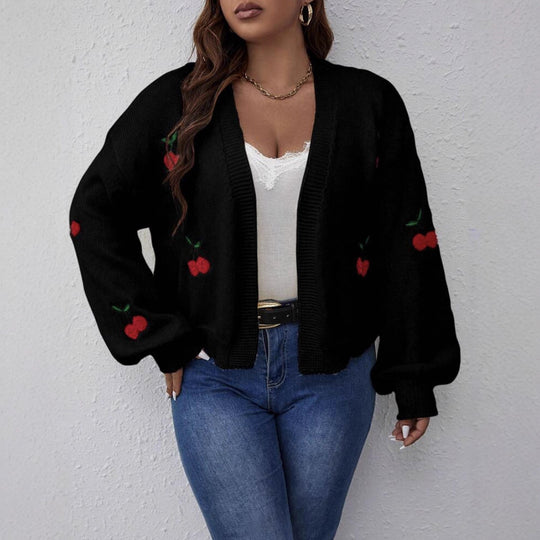 Damen Kurzgeschnittener Oversize-Cardigan mit Kirsch-Stickerei Shop Nory