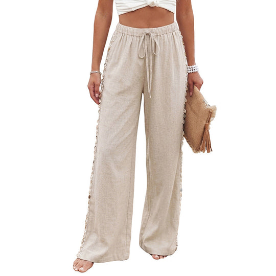 Damen Leichte Leinenhose mit weitem Bein, Kordelzug und geflochtenem Seitendetail Shop Nory