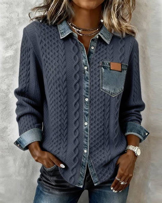 Damen nan geflochtener Strickpullover mit integriertem Jeanskragen und Brusttasche Shop Nory