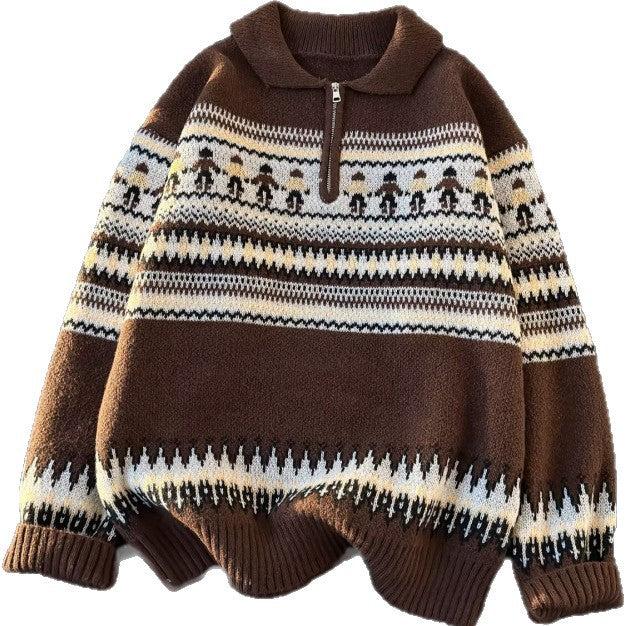 Damen Jacquard-Halbzip-Pullover mit Polokragen und Norweger‑Intarsie Shop Nory