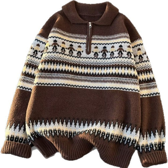Damen Jacquard-Halbzip-Pullover mit Polokragen und Norweger‑Intarsie Shop Nory