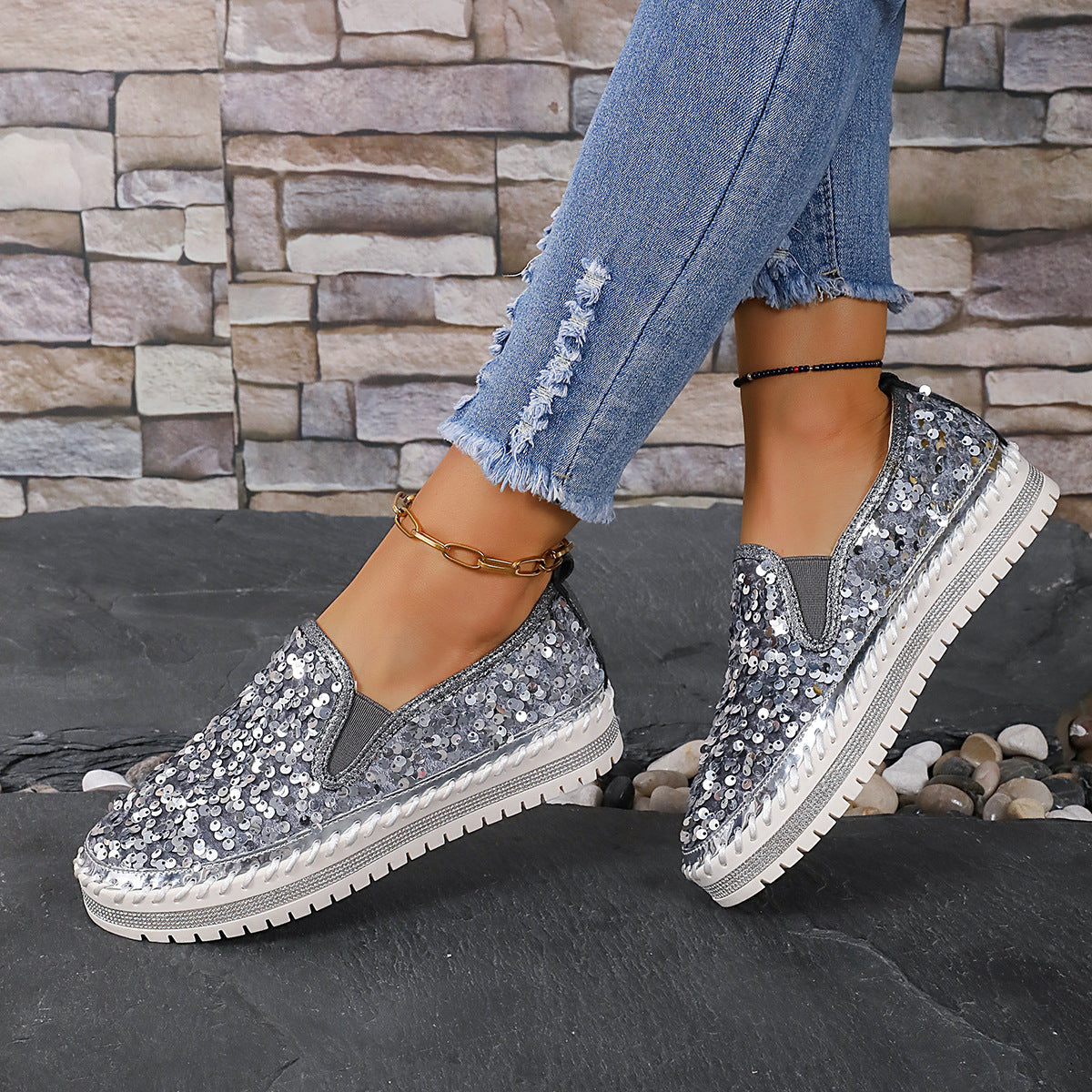 Damen Glitzernde Slip-On Sneakers mit elastischem Obermaterial und rutschfester Sohle Shopnory