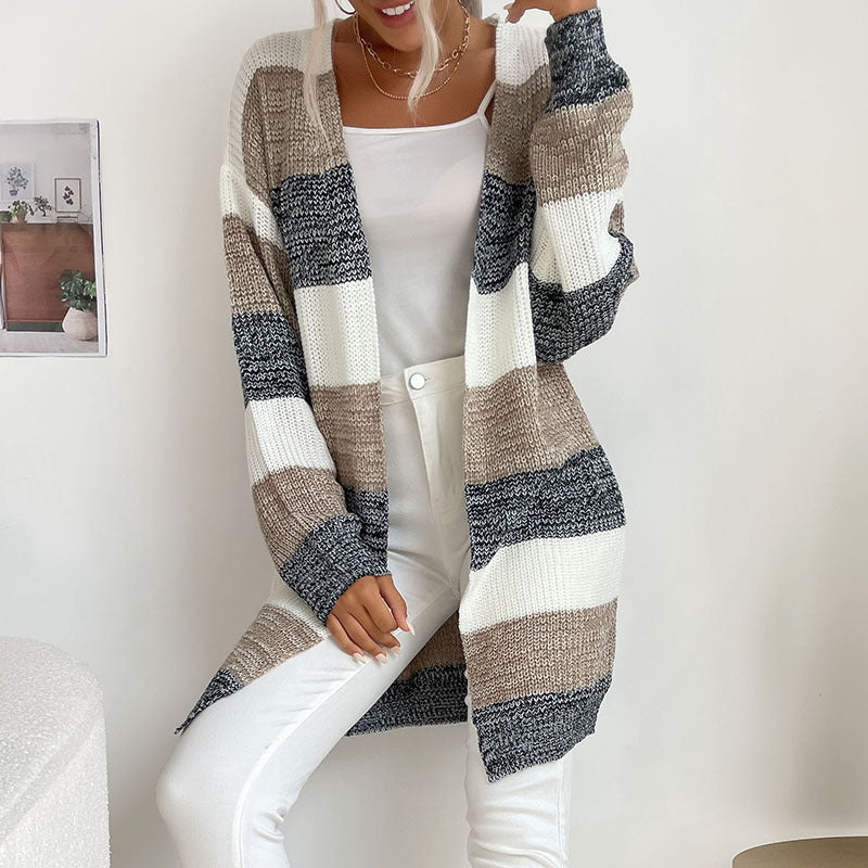 Damen Langer Oversize-Strickcardigan mit Blockstreifen und offener Front Shop Nory