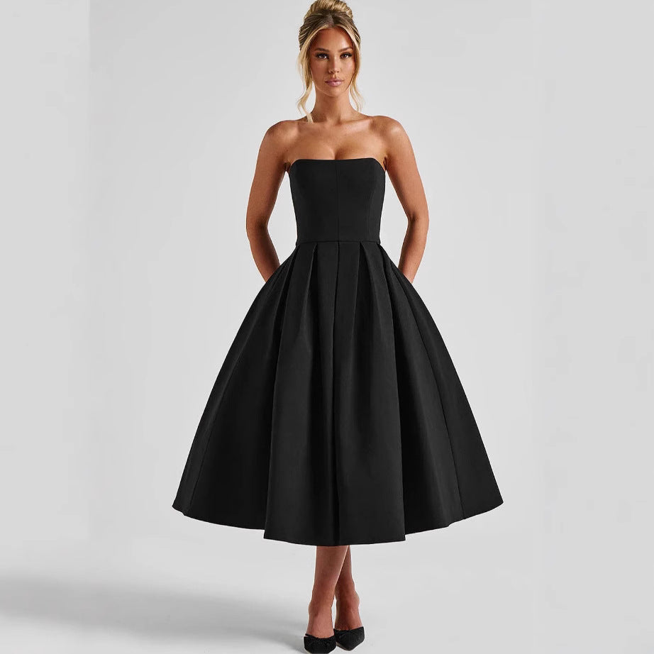 Damen Elegantes Midi-Kleid mit schwingendem Rock und raffiniertem Bandeau-Ausschnitt