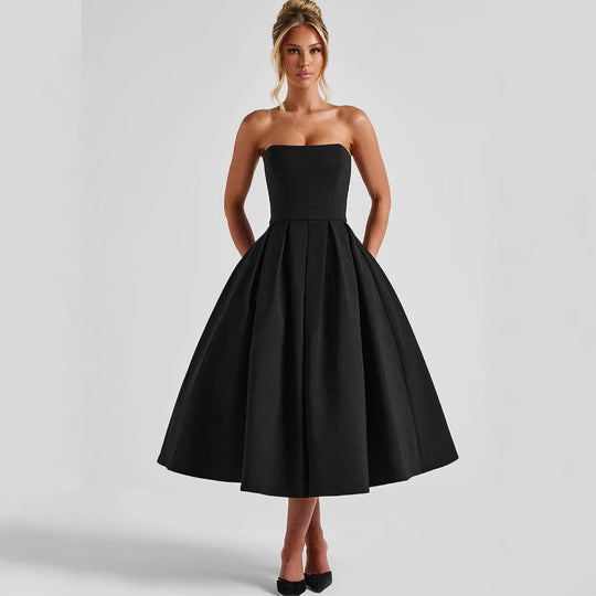 Damen A-Linien Abendkleid mit tiefem Wasserfallausschnitt und elegantem Plissee