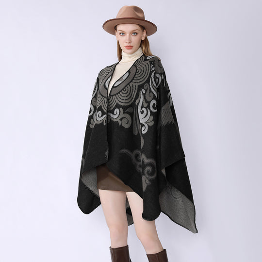 Damen Wollmix-Cape mit ornamentalem Jacquard, asymmetrischem Zipfel und weichfallendem Oversize-Fall Shop Nory