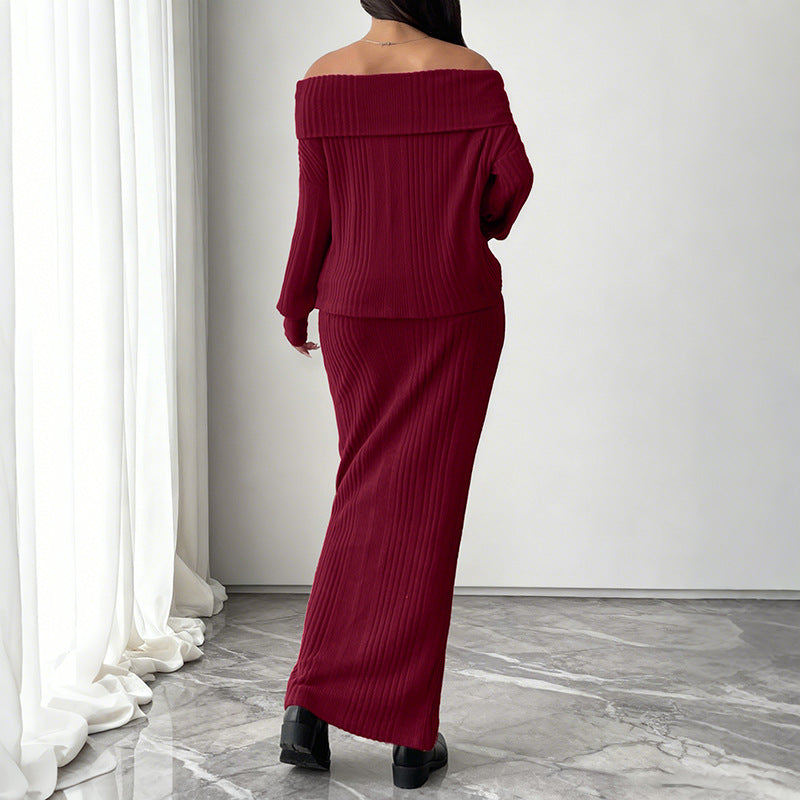 Damen Schulterfreies Rippstrick-Set mit Off-Shoulder-Oberteil und figurbetontem Maxirock Shop Nory