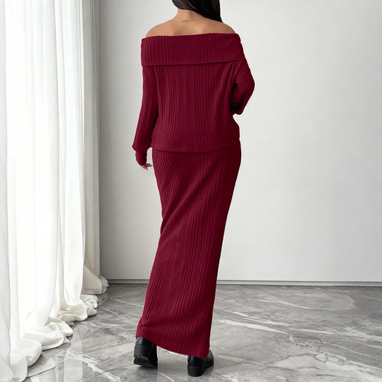 Damen Schulterfreies Rippstrick-Set mit Off-Shoulder-Oberteil und figurbetontem Maxirock Shop Nory