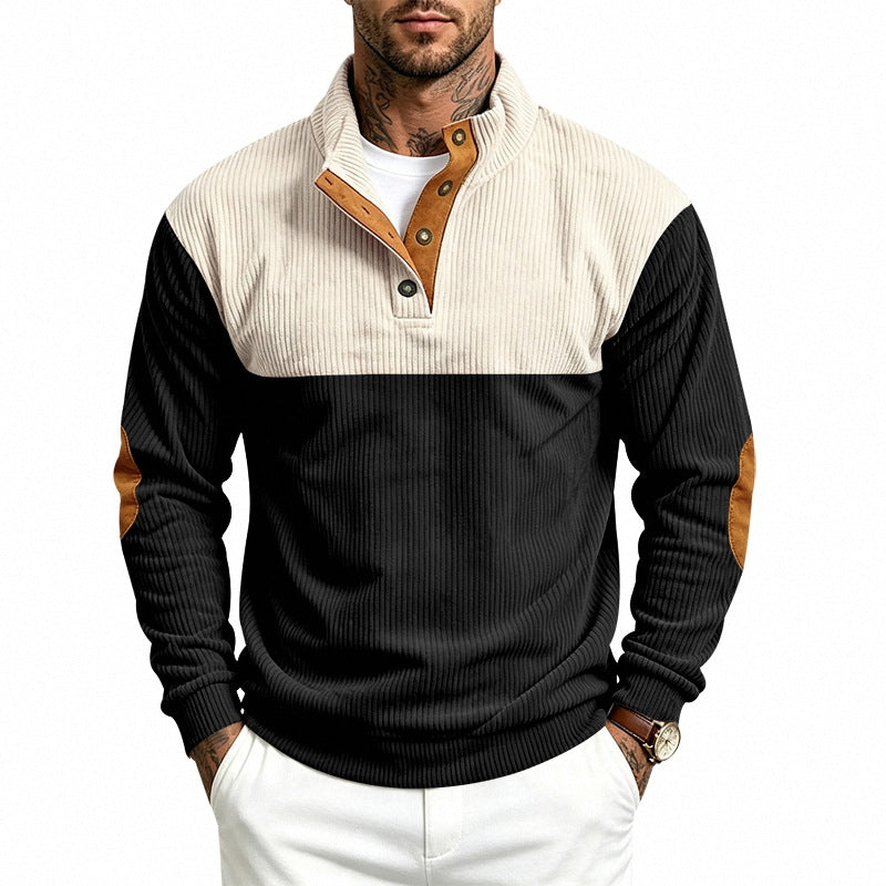 Herren Strukturierter Troyer-Pullover mit Stehkragen, Druckknopfleiste und Ellbogen‑Patches Shop Nory