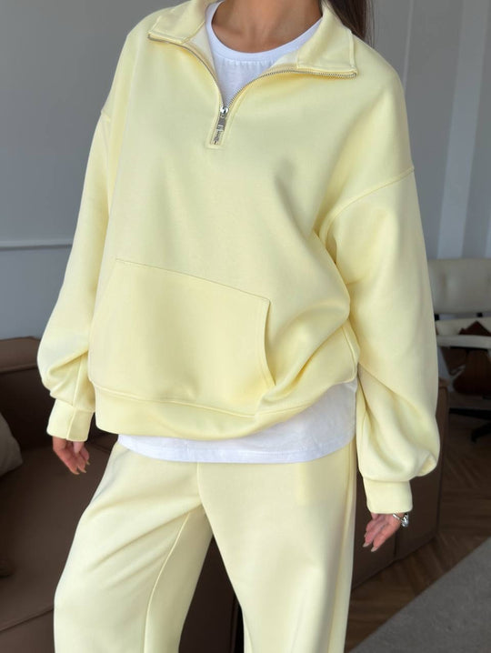 Damen Bequeme und elegante Langarm-Pullover mit Reißverschluss und weiten Jogginghose Shop Nory