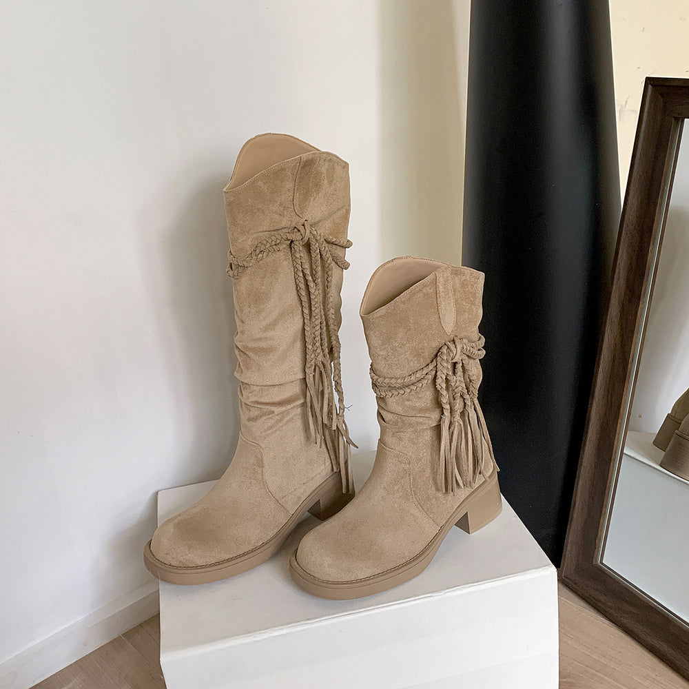 Damen Wadenhohe Veloursleder-Stiefel mit geflochtenem Quastenriemen Shop Nory