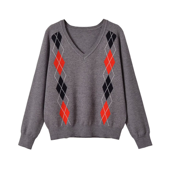 Damen V‑Ausschnitt Pullover mit Rautenmuster und legerer Oversize-Passform Shop Nory