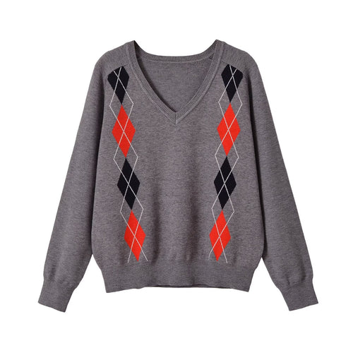 Damen V‑Ausschnitt Pullover mit Rautenmuster und legerer Oversize-Passform Shop Nory