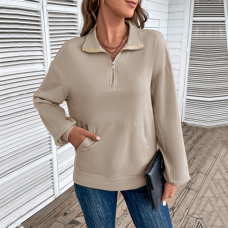 Damen Leichtes Halbzip-Sweatshirt im Relaxed-Fit mit Kängurutasche und Stehkragen Shop Nory