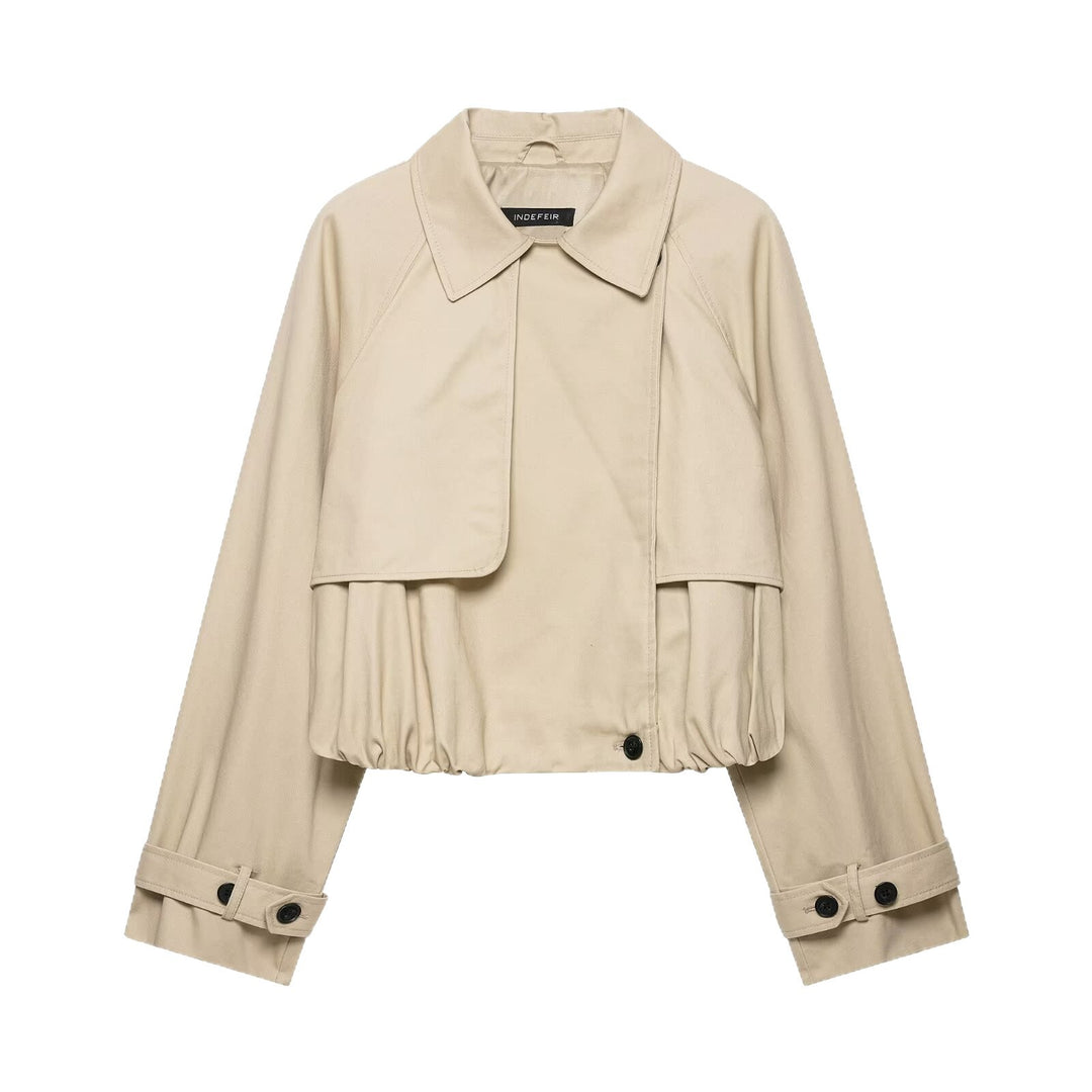 Damen Kurzgeschnittene Trenchjacke im Boxy‑Schnitt mit Raffung und verstellbaren Manschetten Shop Nory