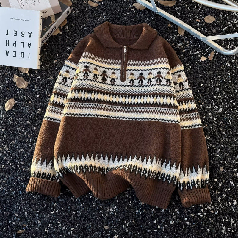 Damen Jacquard-Halbzip-Pullover mit Polokragen und Norweger‑Intarsie Shop Nory