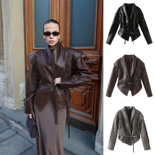 Damen Kurzjacke im Wildlederlook mit Schalkragen, Schnürdetails und Taillengürtel Shop Nory