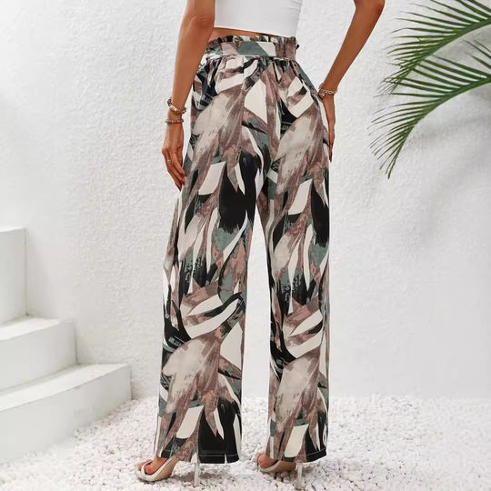 Damen Hochtaillierte und weit geschnittene Leinenoptik Stoffhose mit Bindegürtel Shop Nory