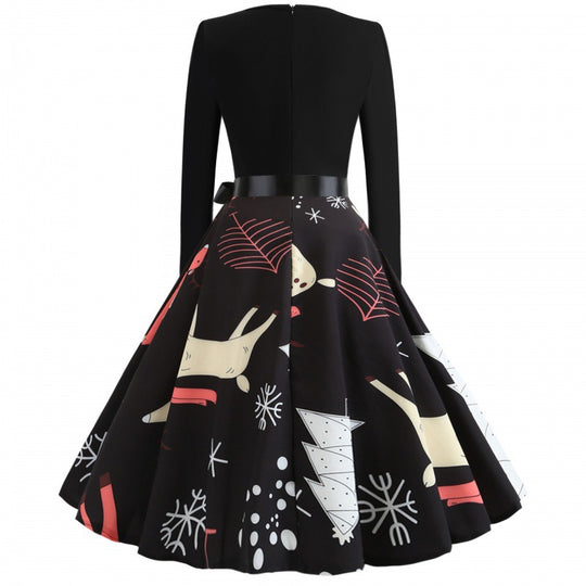 Damen festliches A-Linien Kleid mit weihnachtlichem Rentier-Print und Satin-Taillenband Shop Nory