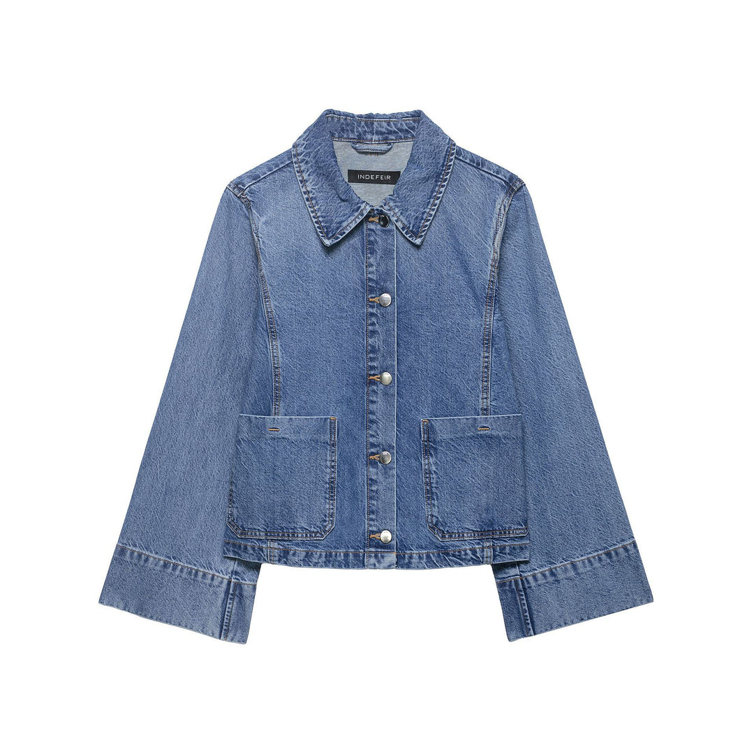 Damen Cropped Oversize-Jeansjacke mit großen aufgesetzten Taschen und sichtbarer Knopfleiste Shop Nory