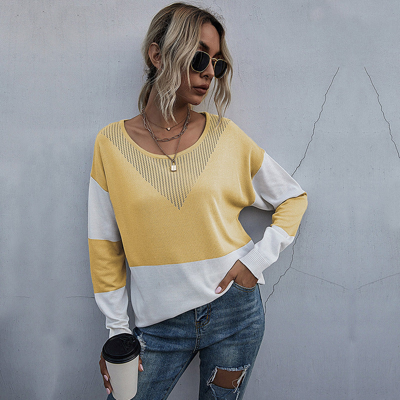 Damen Lässiger Strickpullover mit V-Ausschnitt und Farbblock Shop Nory