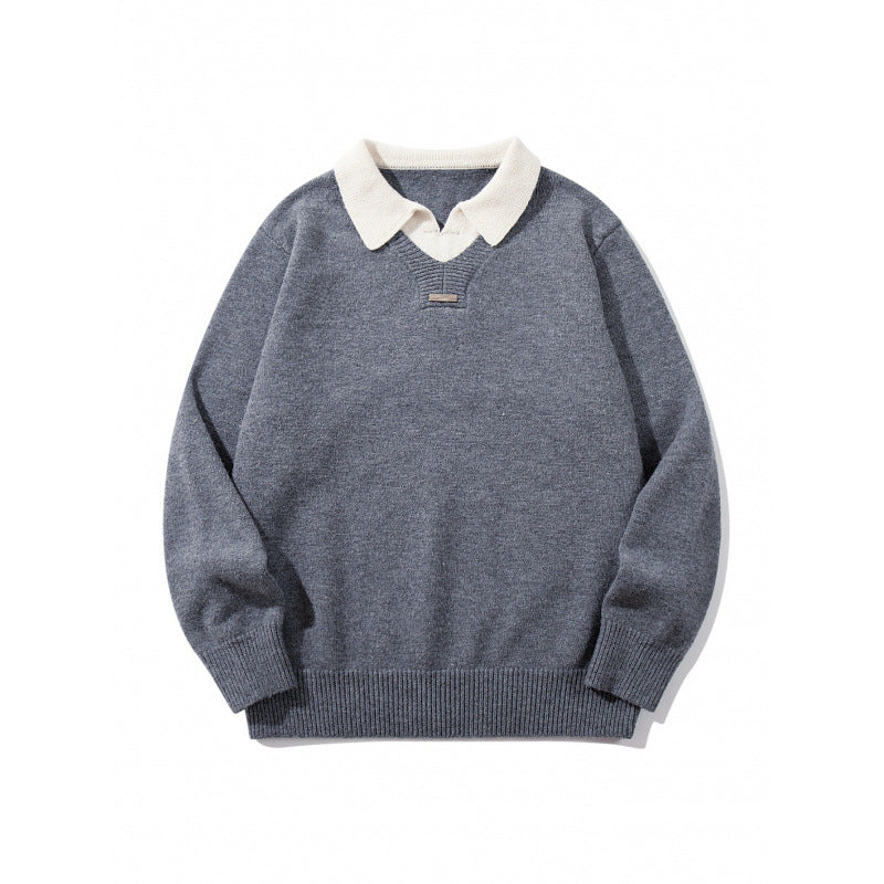 Herren Relaxter Merino-Mix Strickpullover mit kontrastierendem Polokragen und V-Detail Shop Nory