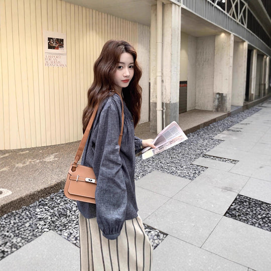 Damen Weite gestreifte Leinen-Culotte mit Umschlagbund Shop Nory