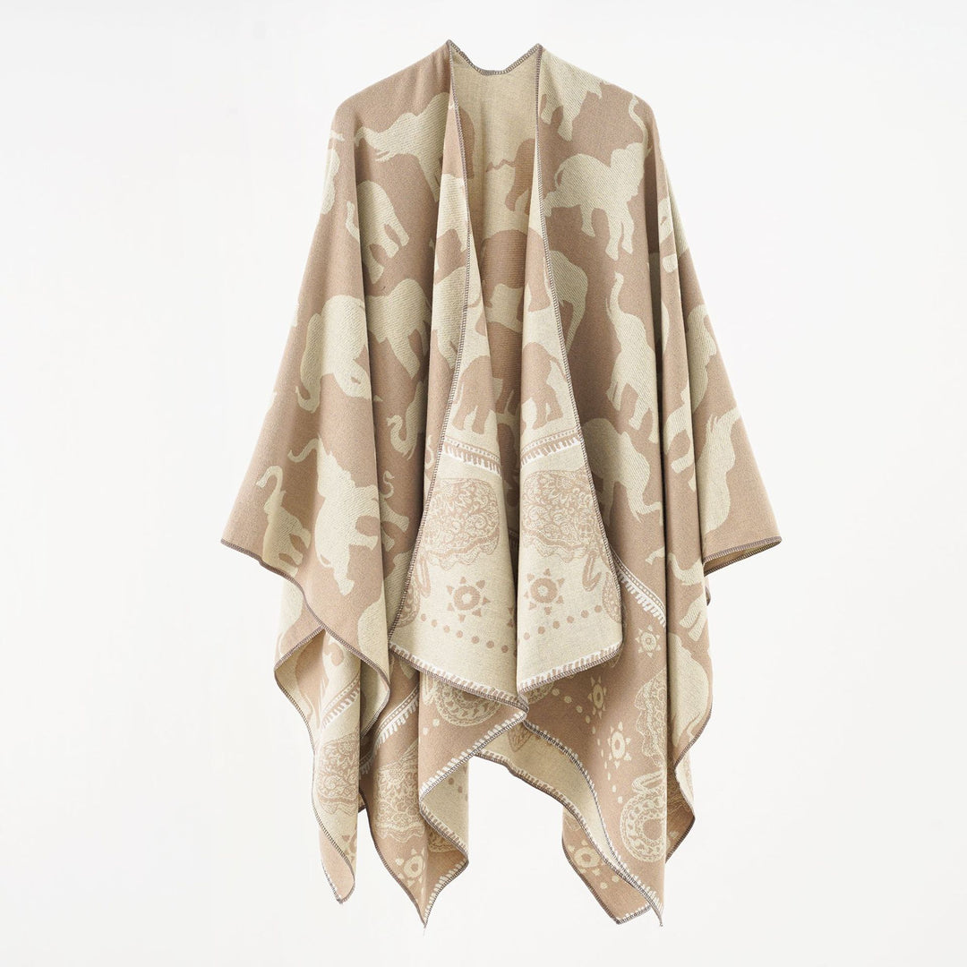 Damen Jacquard‑Ruana mit Elefantenmotiv und ornamentaler Bordüre Shop Nory
