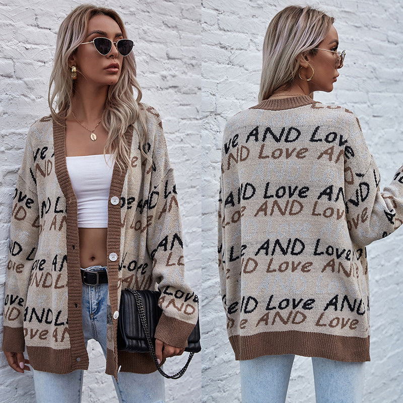 Damen Oversize-Strickcardigan mit Jacquard-Textmuster, V‑Ausschnitt & Knopfleiste Shop Nory